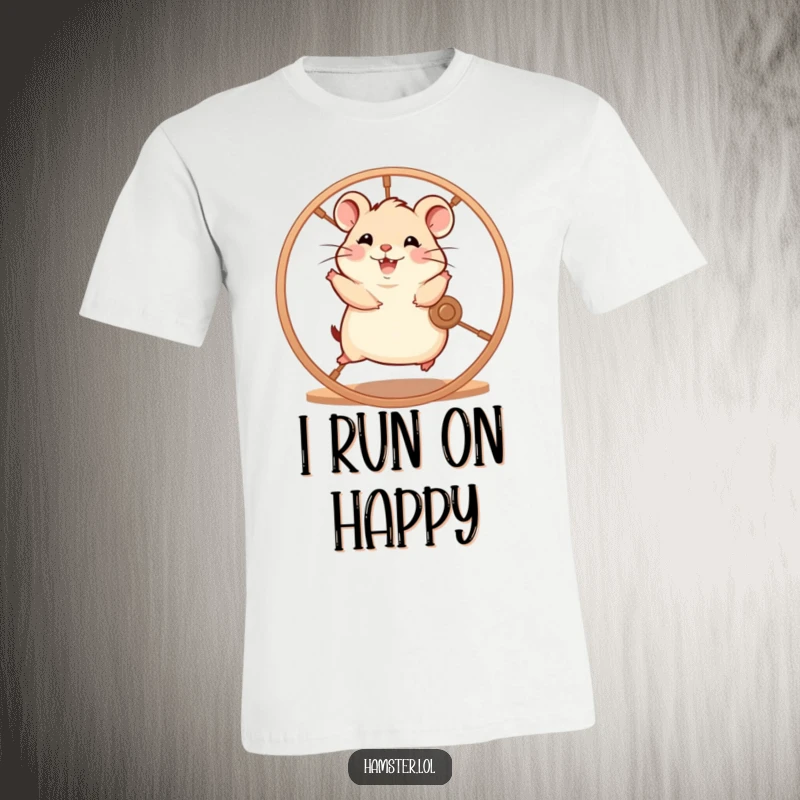 Funny hamster character enthusiastically running on a spinning wheel with glee, a dynamic and humorous t-shirt.