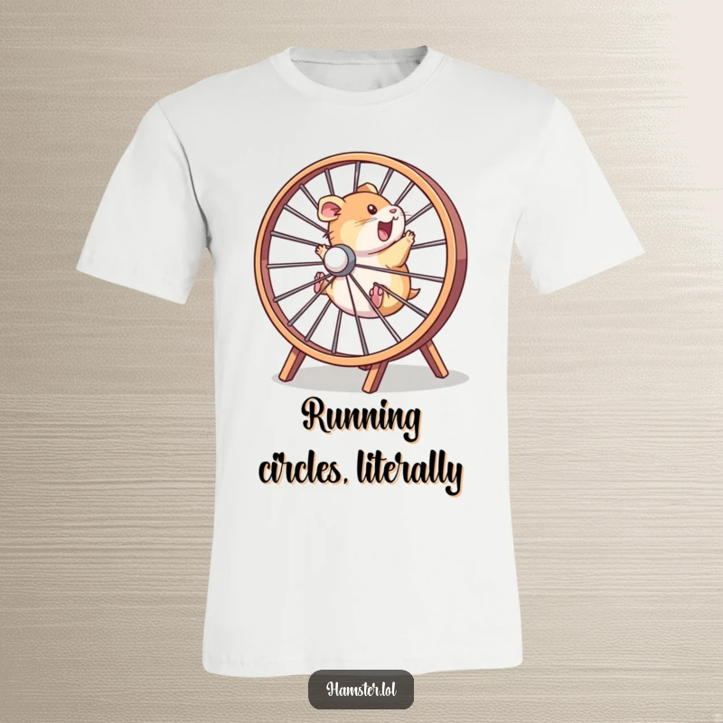 Funny hamster character in a blur of motion, running ecstatically in an oversized hamster wheel, printed on a humorous t-shirt.