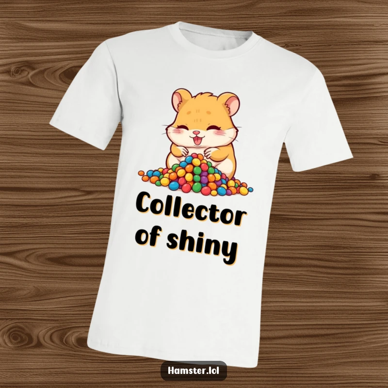 Funny hoarding hamster t-shirt, a mischievous hamster character gleefully hoarding a pile of colorful beads, emphasizing playful greed.