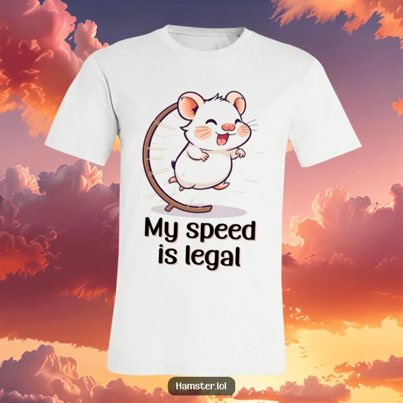 Funny t-shirt showcasing a giggling hamster character running at lightning speed on a wheel, a blur of happy motion.