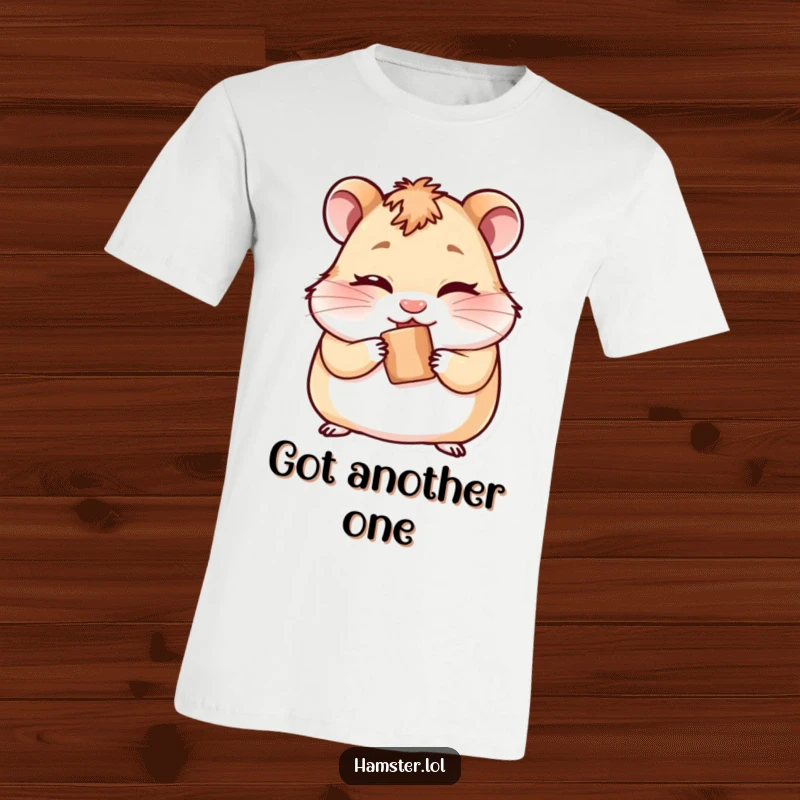 Funny t-shirt depicting a cheeky hamster winking slyly while concealing a small treat, exuding playful mischief.
