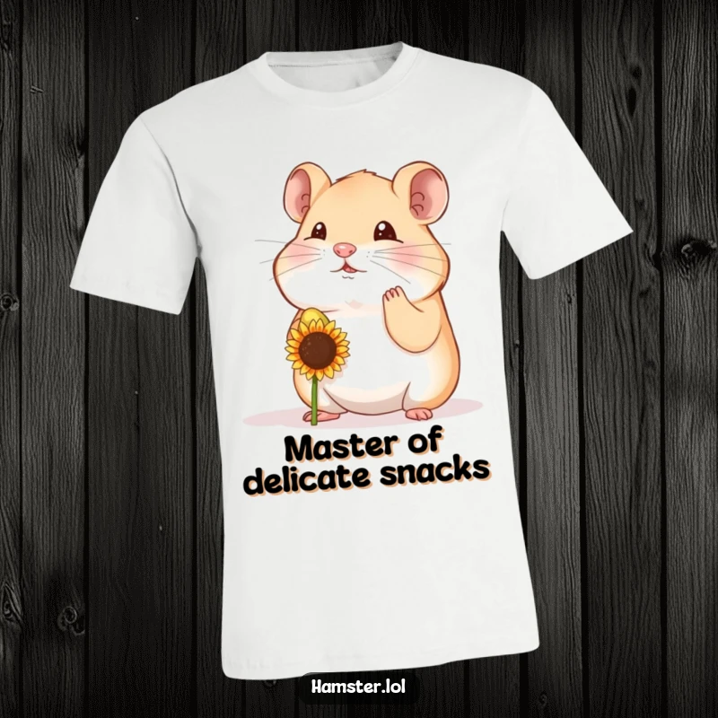 Funny hamster character demonstrating incredible focus, balancing a small seed on its nose, captured on a humorous t-shirt.