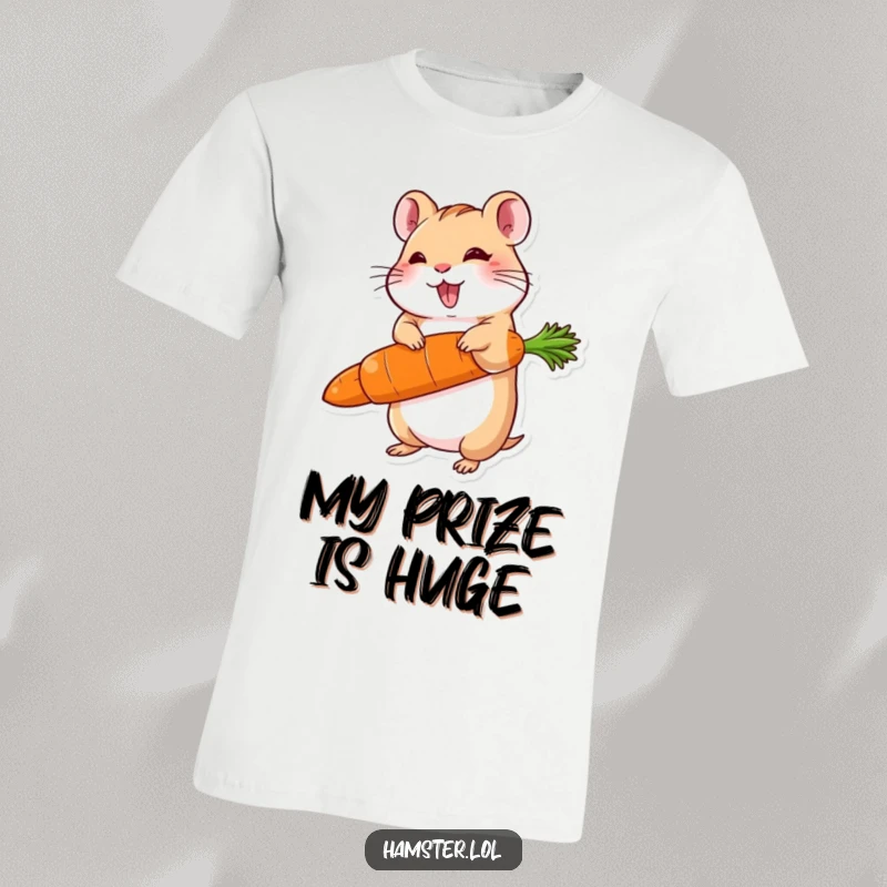 Funny t-shirt showcasing a delighted hamster character balancing an enormous carrot, a symbol of its impressive feat.