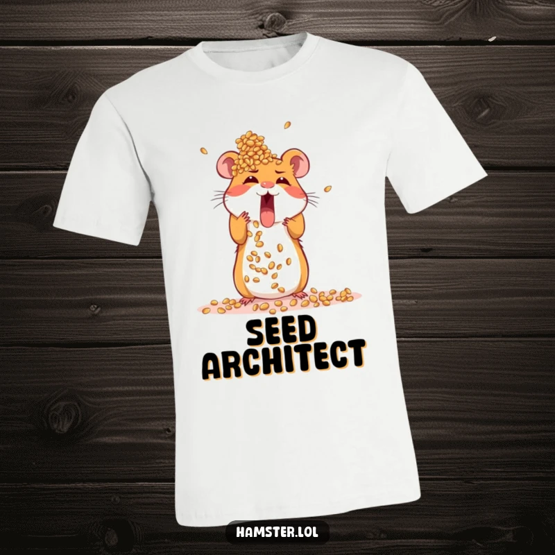 Funny t-shirt depicting an excited hamster enthusiastically attempting to construct a large tower from seeds.