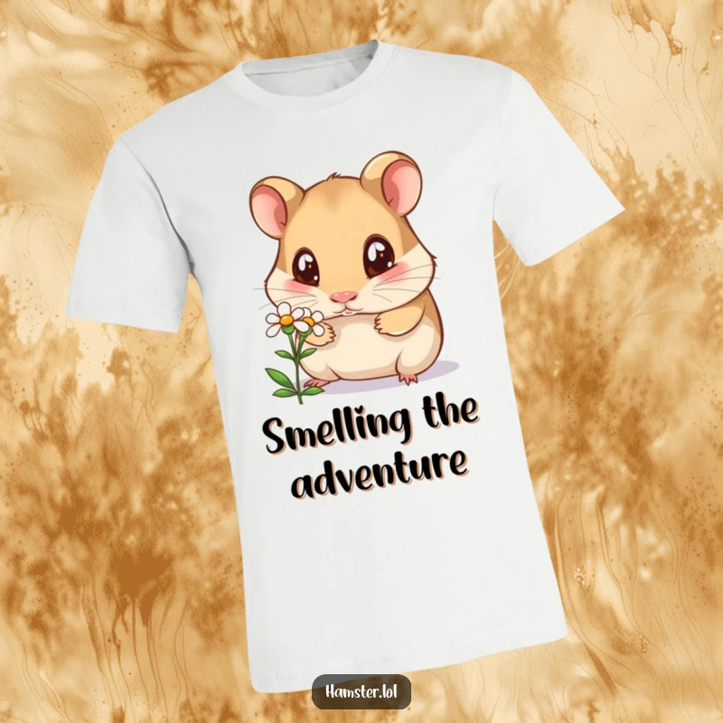 Funny curious hamster t-shirt, a hamster with wide, expressive eyes sniffing a tiny flower, conveying innocent wonder.