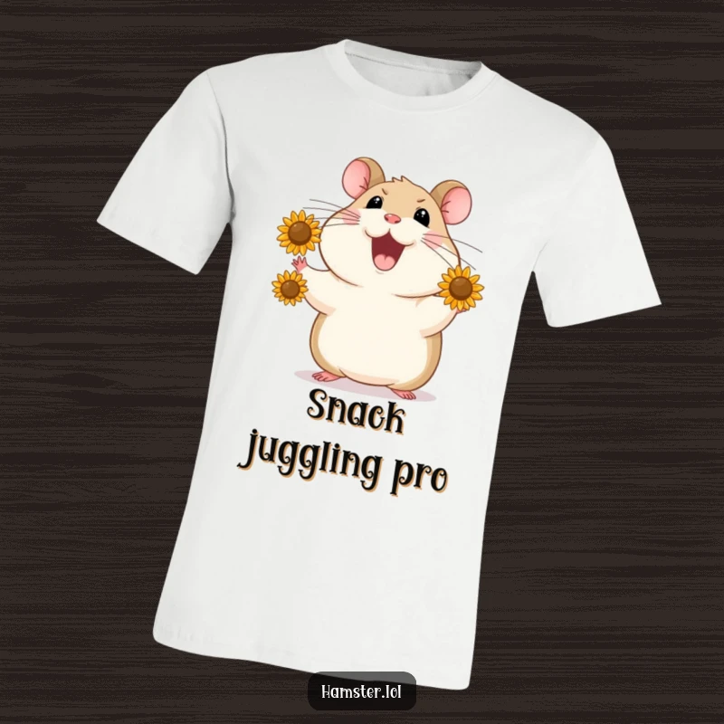 Funny T-Shirt depicts a happy hamster performing a juggling act with tiny sunflower seeds, showcasing impressive skill and humor.