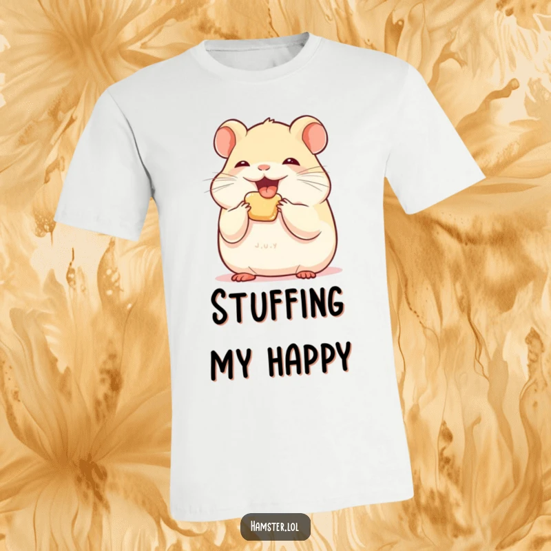 Funny hamster character stuffing its cheeks with treats on a comfortable t-shirt, full of glee.