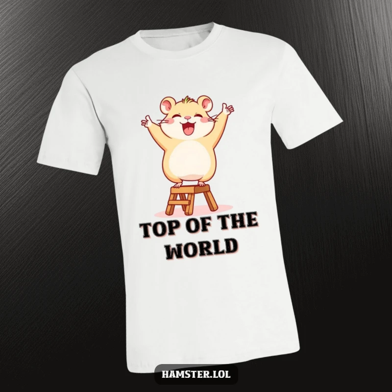 Funny T-Shirt: A happy hamster character doing a lively victory dance on a tiny ladder, showcasing success.