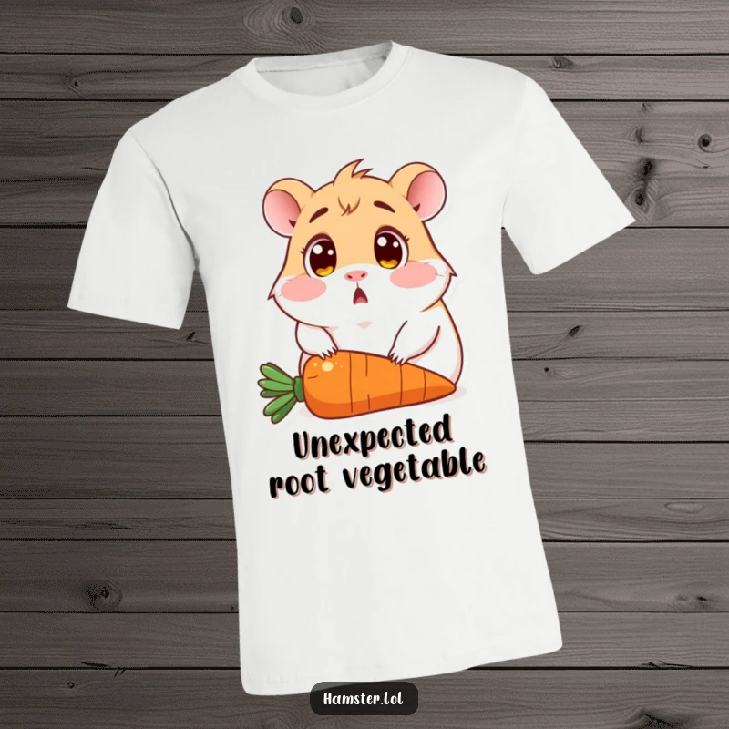Funny t-shirt showcasing a wide-eyed, shocked hamster sitting comically on a carrot, expressing pure surprise.