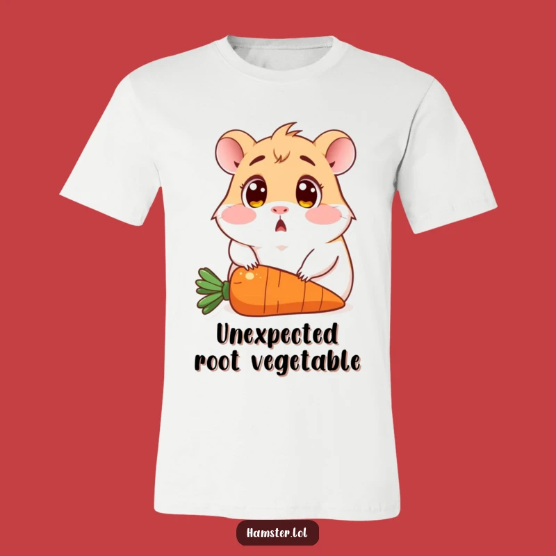 Funny Surprised Hamster T-Shirt: Wide-eyed rodent on a carrot, a hilarious funny gift tee