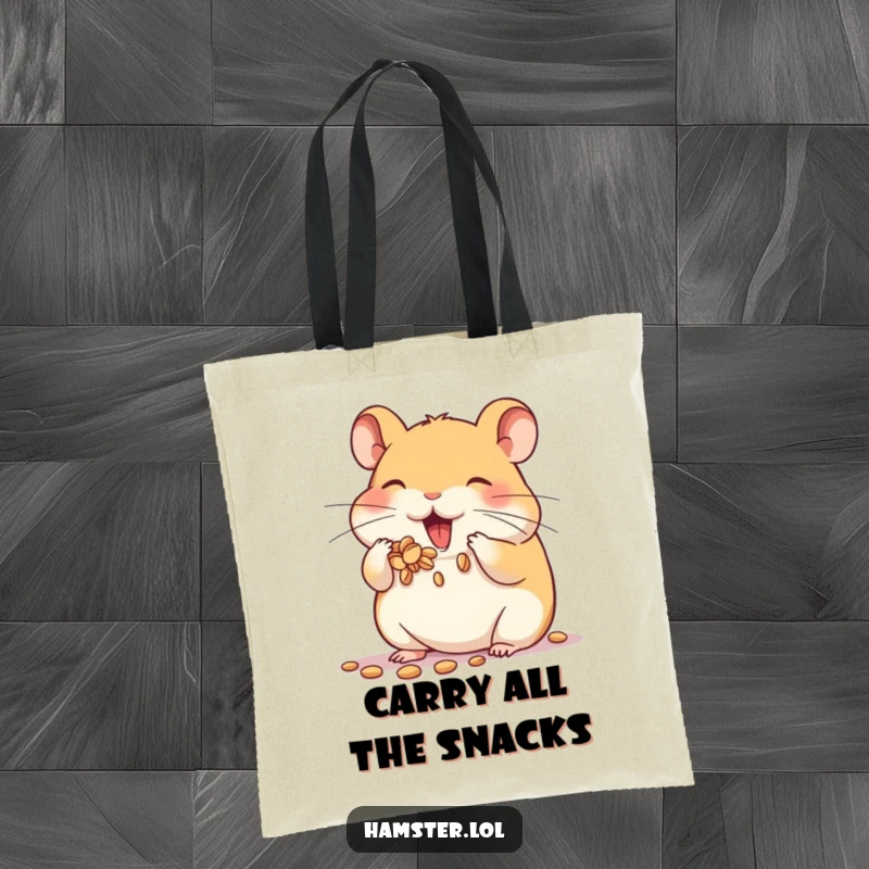 Funny tote bag featuring a hamster character enthusiastically stuffing its cheeks with seeds, ideal for carrying snacks and essentials.