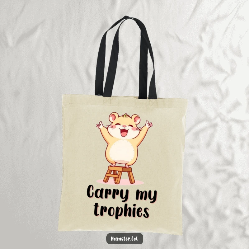 Funny Tote Bag: A happy hamster character doing a lively victory dance on a tiny ladder, great for carrying items.