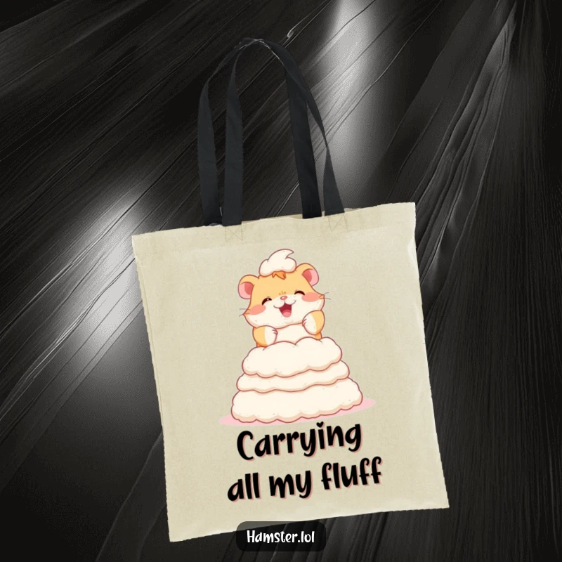 Funny tote bag showcasing a happy hamster character diligently piling up bedding fluff to create an impressive tower structure.