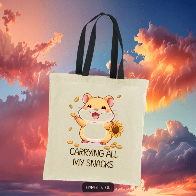 Funny Hamster Tote Bag: Cute hamster expertly juggling a heap of sunflower seeds, showcasing its impressive talent.