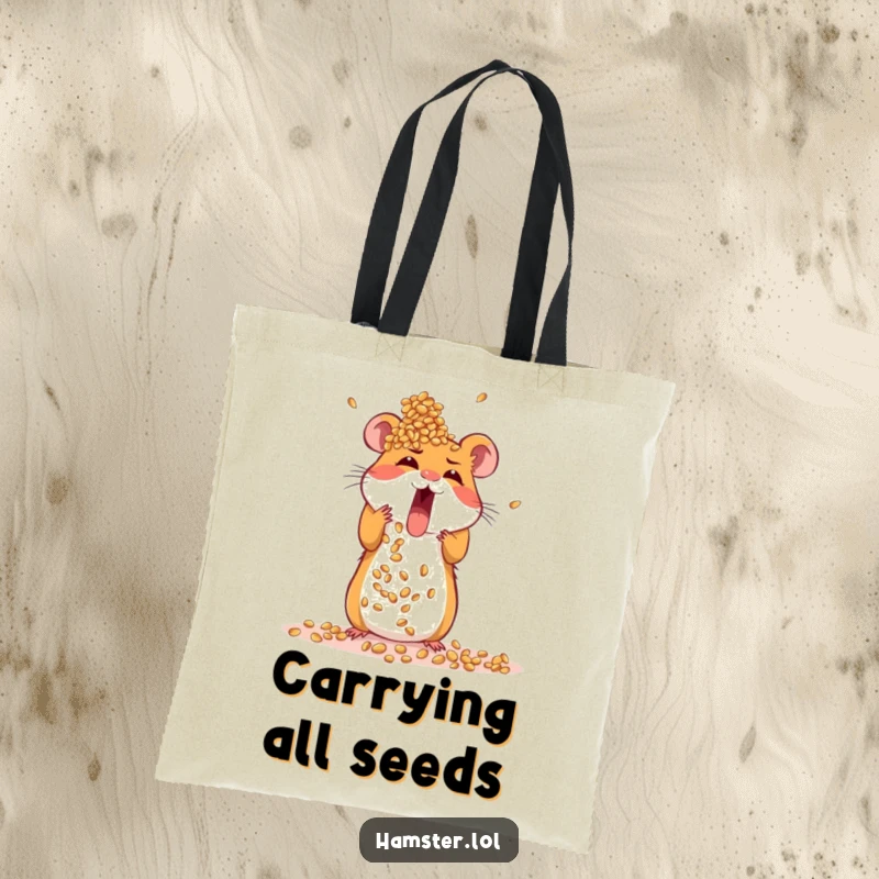 Funny tote bag showing an excited hamster diligently constructing a tall tower made of seeds, ready for anything.