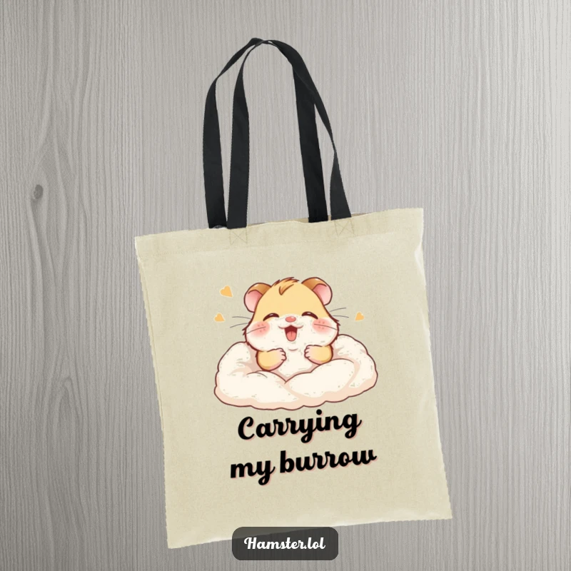Funny tote bag showing a giggling hamster happily buried in soft bedding, perfect for carrying essentials.