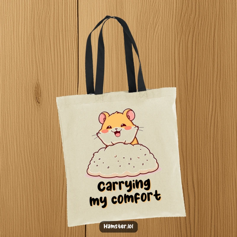 Funny tote bag featuring a happy hamster character performing a dramatic dive into a pile of bedding, full of ecstatic joy.