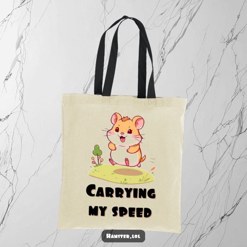 Funny Tote Bag displays an energetic hamster in a happy dash across a tiny landscape, bringing a humorous sense of speed to carrying.
