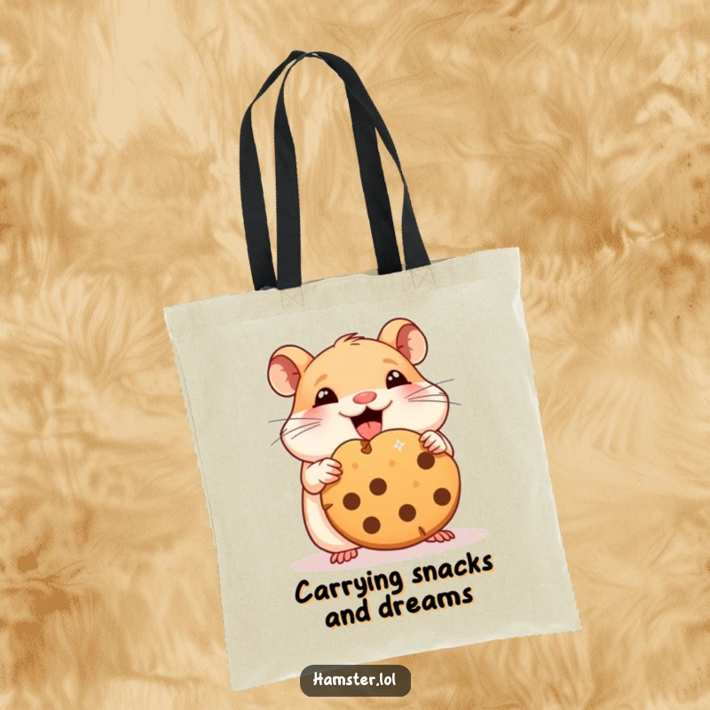 Funny hamster tote bag depicting a character joyfully consuming a colossal cookie slice, perfect for carrying snacks.