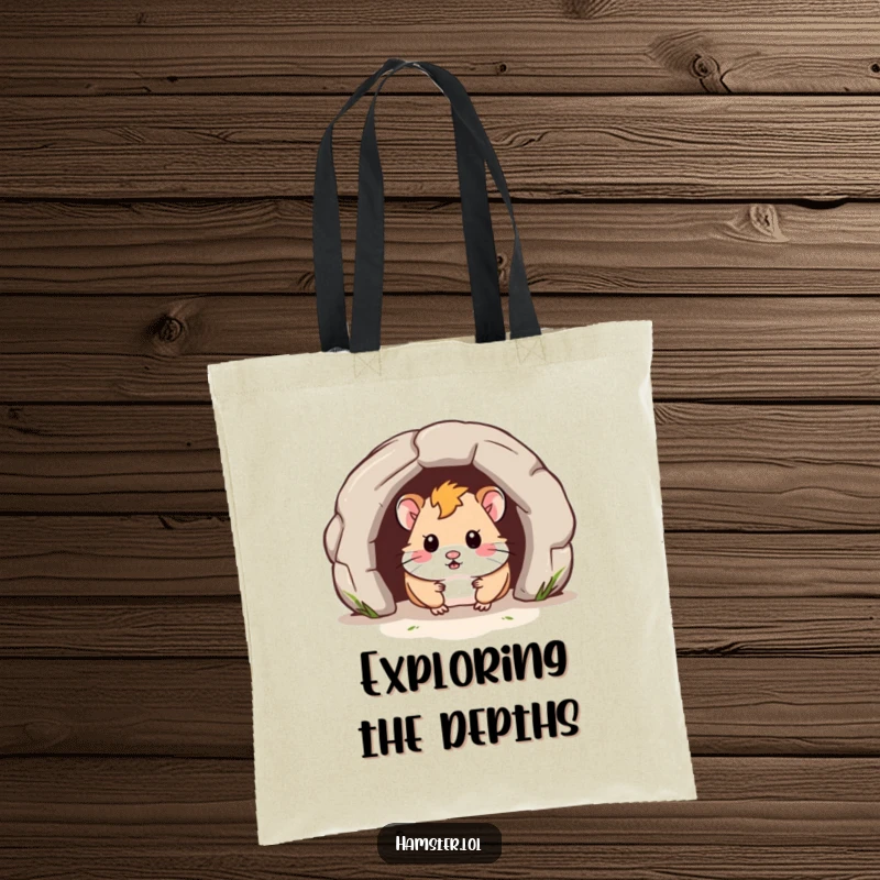 Funny Tote Bag shows a hamster curiously peeking out of a miniature tunnel, symbolizing hidden treasures and a playful vibe.