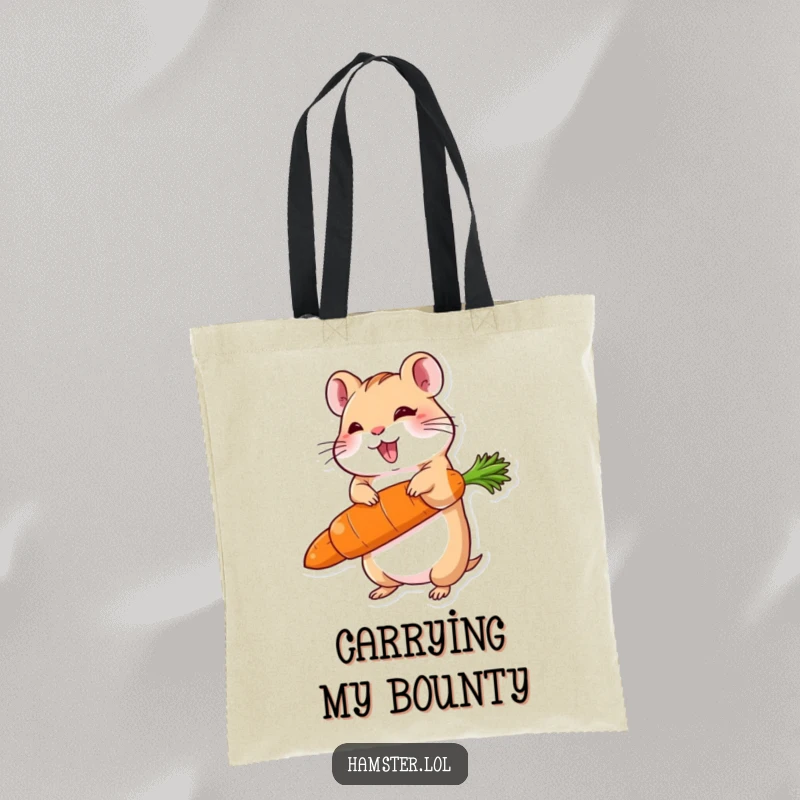 Funny tote bag featuring a delighted hamster character balancing an oversized carrot, symbolizing a major accomplishment.