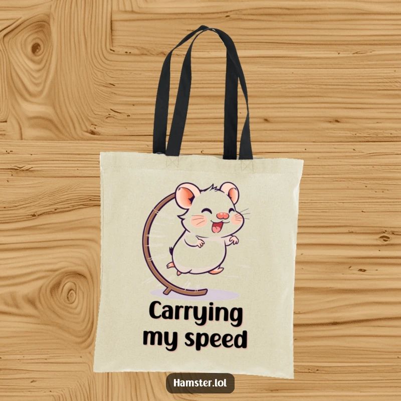 Funny tote bag featuring a giggling hamster character running at lightning speed on its wheel, a blur of energetic joy.