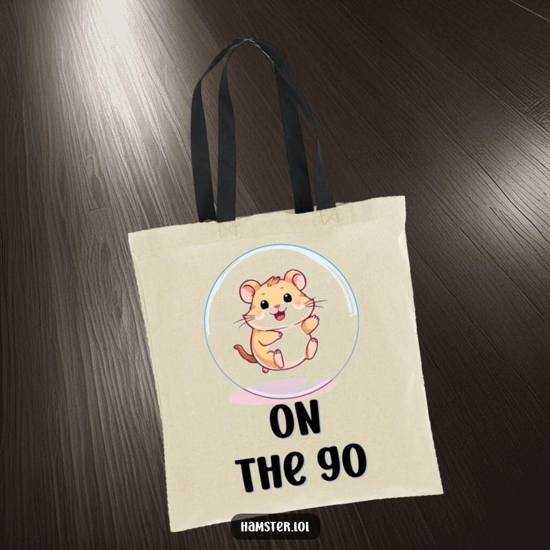 Funny Tote Bag: A playful hamster character enthusiastically rolling inside a transparent ball, great for carrying items.
