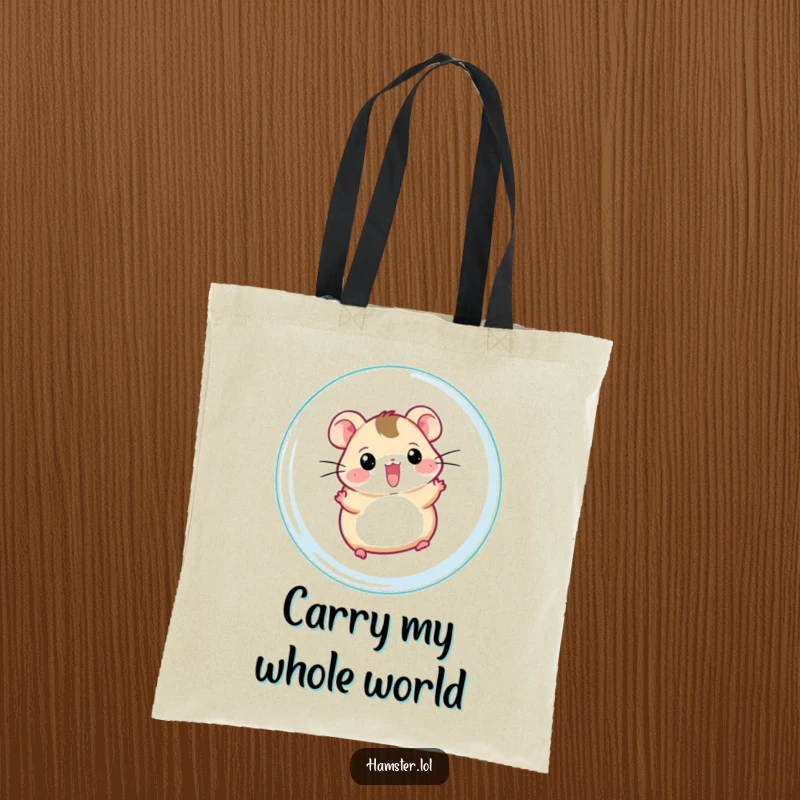 Funny hamster ball tote bag, a cheerful hamster character zipping rapidly inside a clear hamster ball, a fun and practical accessory.