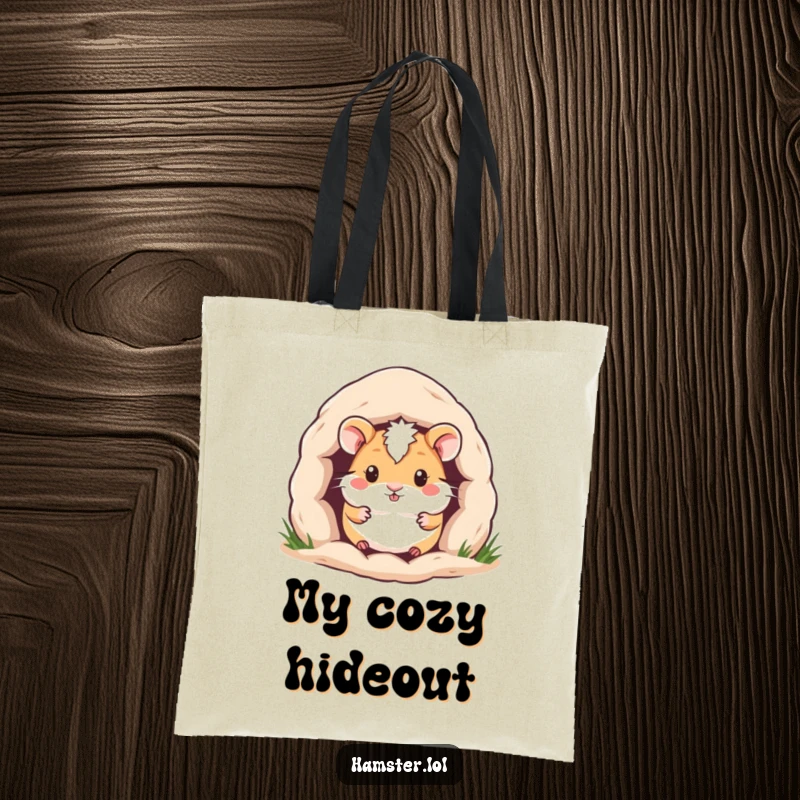 Funny Hamster Tote Bag: Charming hamster peeking out from a cozy burrow, a symbol of comfort and home.