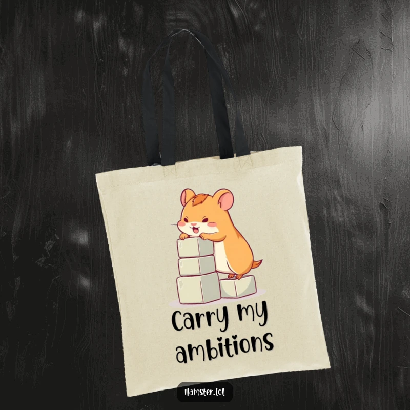 Funny hamster tote bag, a determined hamster character making a valiant effort to climb a small stack of blocks, a funny scene.