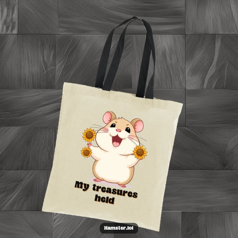 Funny Tote Bag shows a hamster skillfully juggling sunflower seeds, bringing a humorous touch of dexterity to everyday carrying needs.