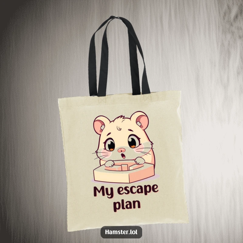 Funny surprised hamster character with widened eyes looking at a tiny maze, a practical and humorous tote bag.