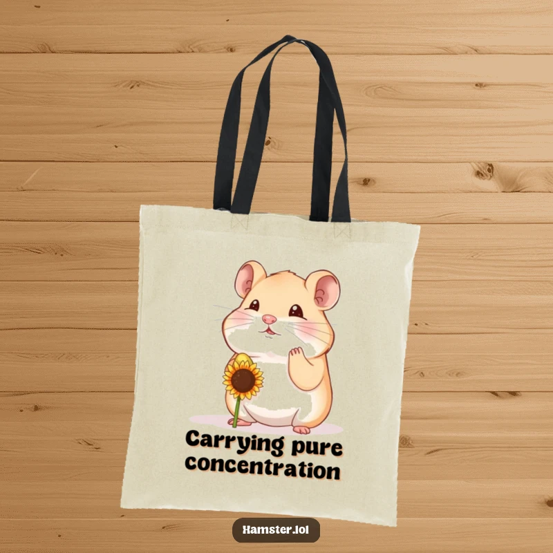 Funny hamster character balancing a sunflower seed on its nose, featured on a humorous and practical tote bag.