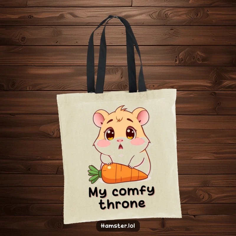 Funny tote bag displaying a surprised hamster with wide eyes, comically sitting directly on a carrot, ready for errands.