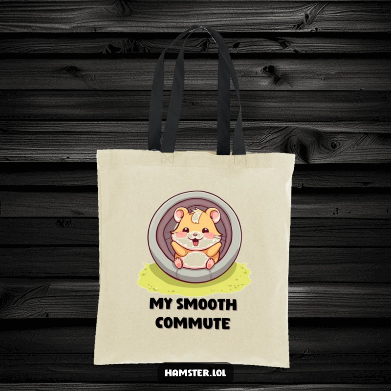 Funny hamster character playfully sliding down a tube with a smile, a practical and humorous tote bag.
