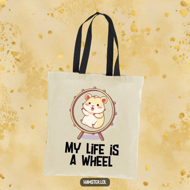 Funny Tote Bag depicts a determined hamster spinning wildly in a wheel, conveying a humorous sense of constant motion and fun.