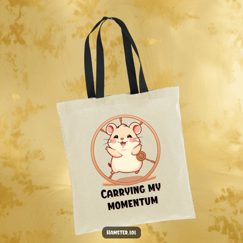 Funny hamster character enthusiastically running on a spinning wheel with glee, a practical and humorous tote bag.