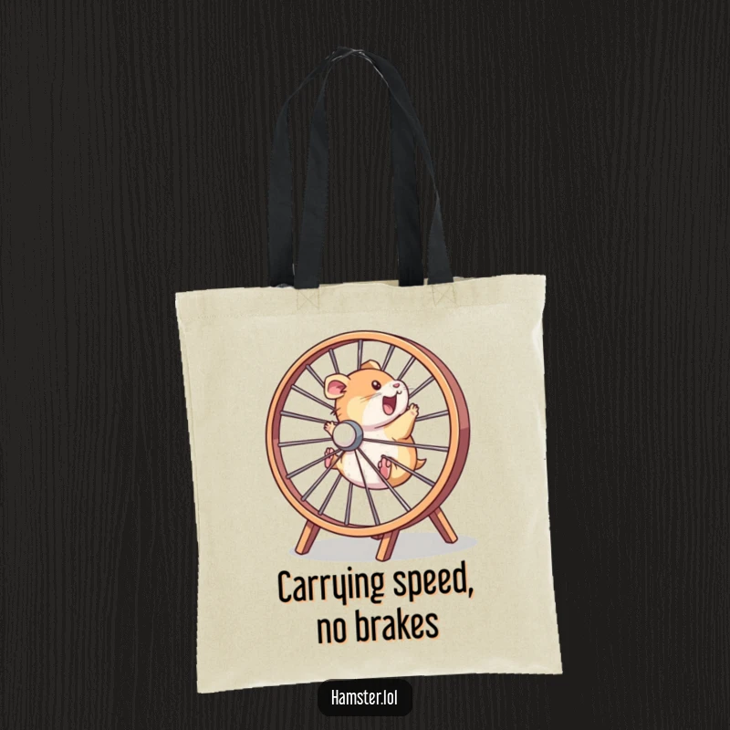 Funny hamster character running at lightning speed in a huge wheel, featured on a humorous and practical tote bag.