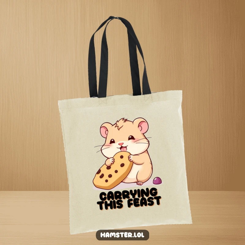 Funny wobbly hamster tote bag, a hamster trying to hoard an oversized treat, a stylish and humorous accessory.
