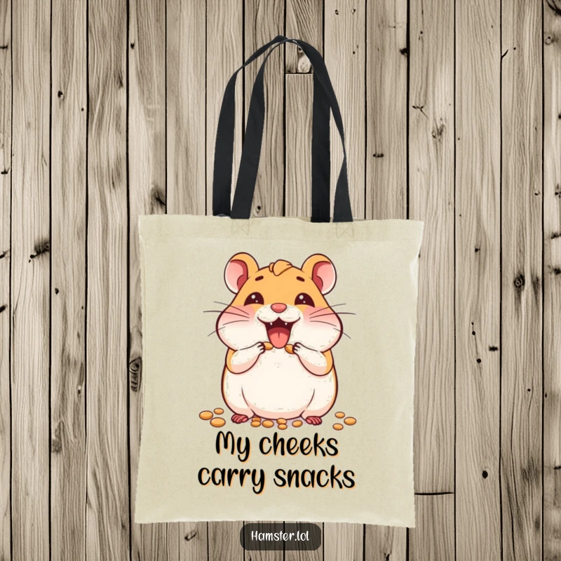 Funny tote bag depicting a joyful hamster character energetically stuffing its cheeks with a massive amount of seeds.