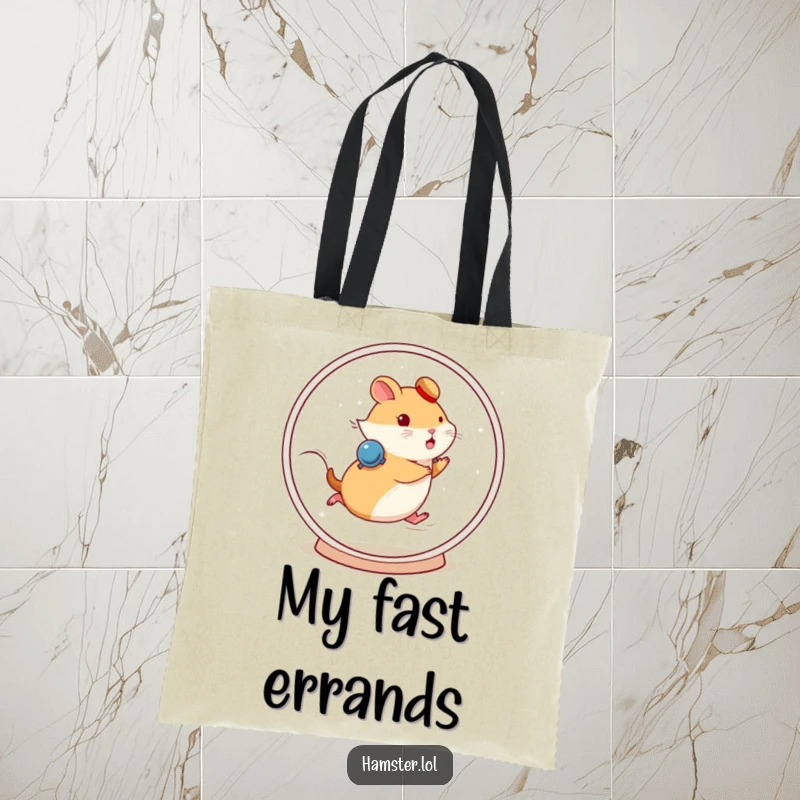 Funny hamster character running fast on a spinning wheel on a stylish and humorous tote bag.