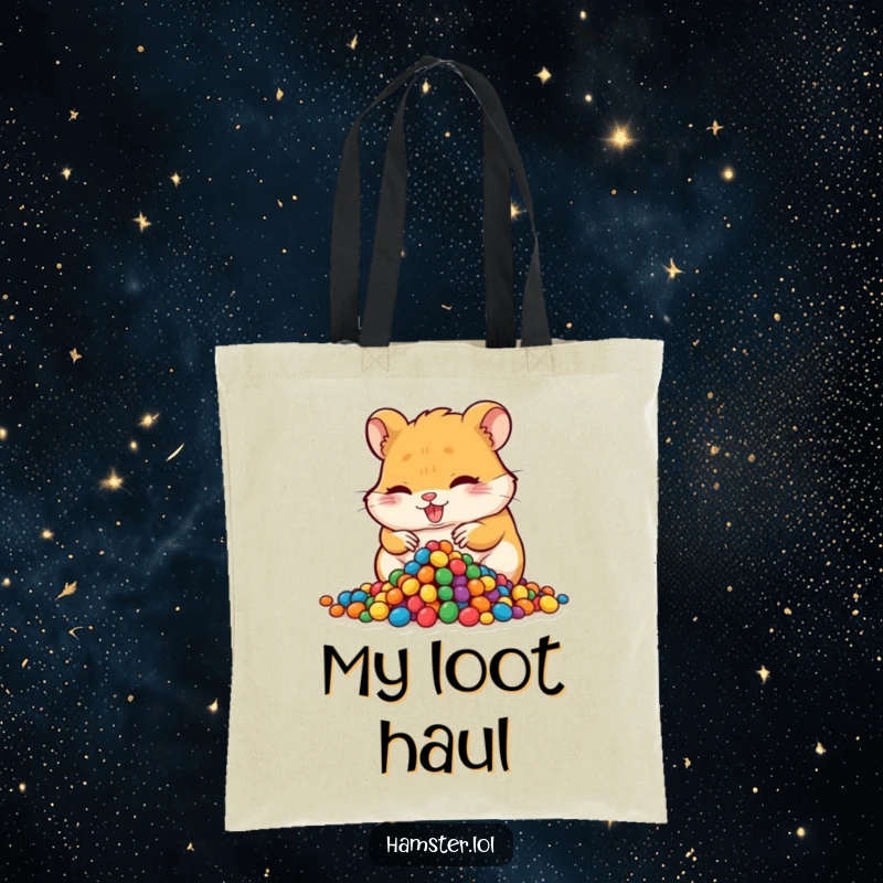 Funny hoarding hamster tote bag, a mischievous hamster character hoarding colorful beads, a stylish and humorous accessory.