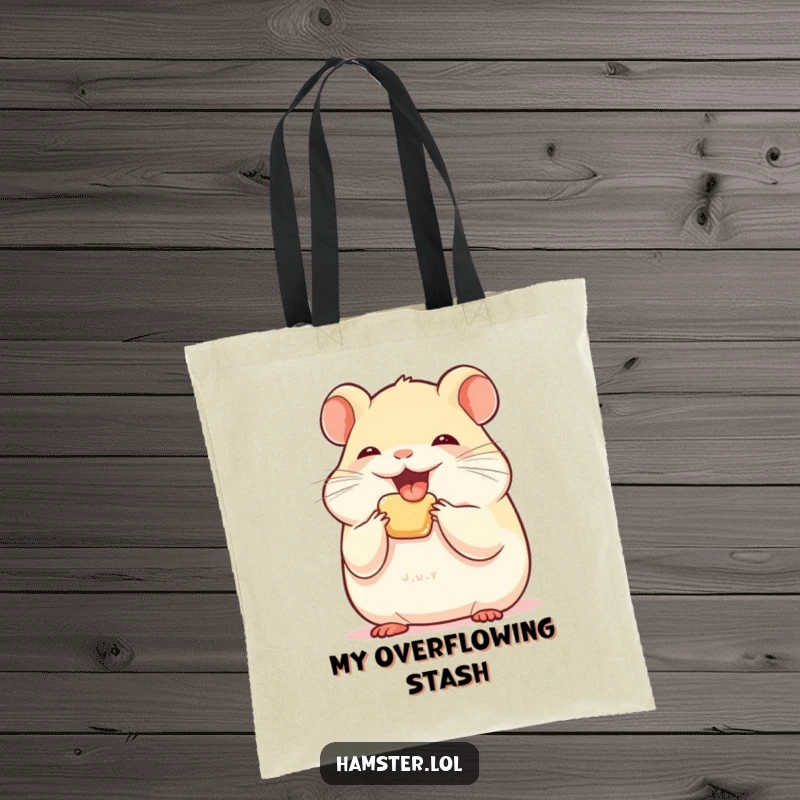 Funny hamster character stuffing its cheeks with joy on a stylish and humorous tote bag.