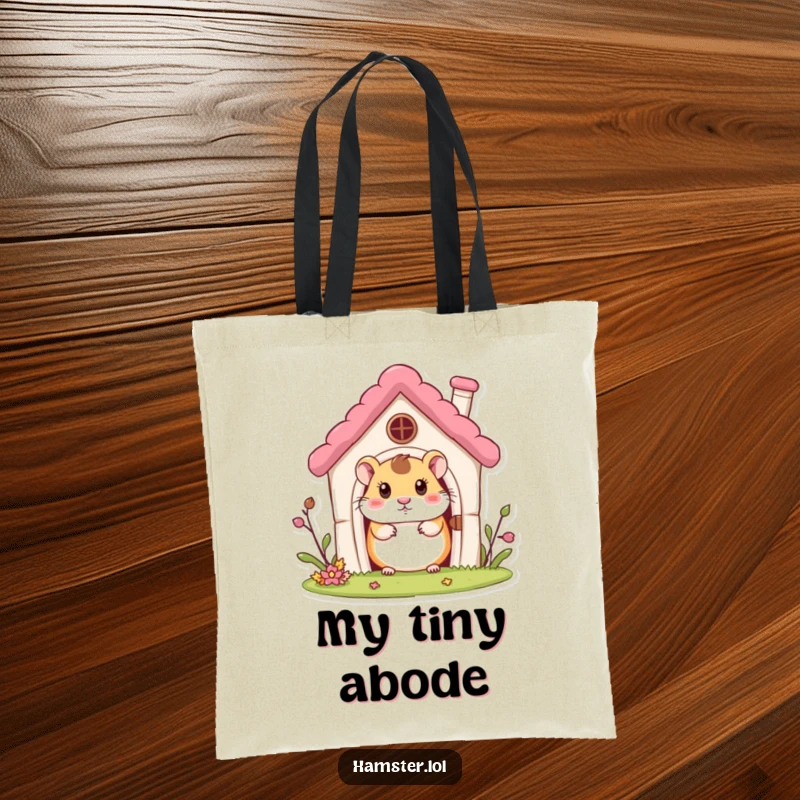 Funny Tote Bag: A curious hamster character peeking out from a miniature house, great for carrying items with charm.