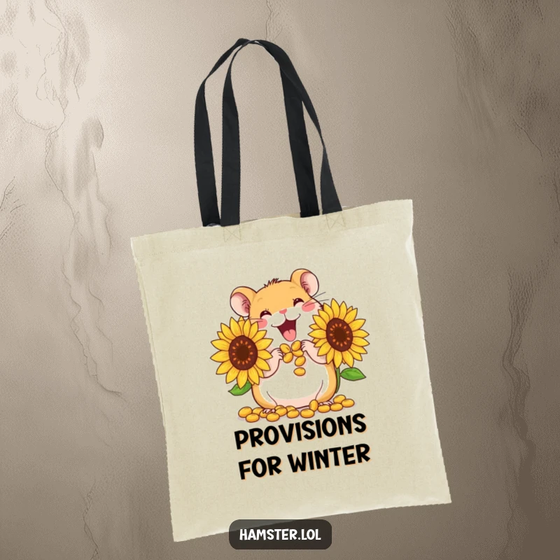 Funny Tote Bag: A cute hamster character gleefully stuffing its cheeks with giant sunflower seeds, ideal for shopping.