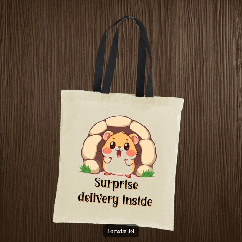 Funny tote bag featuring a surprised hamster character emerging from a tiny tunnel, its expression full of comical bewilderment.