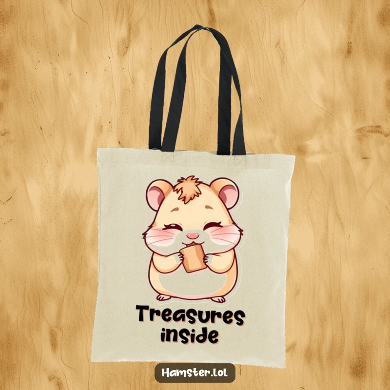 Funny tote bag showing a cheeky hamster winking while cleverly hiding a small treat, ideal for shopping.